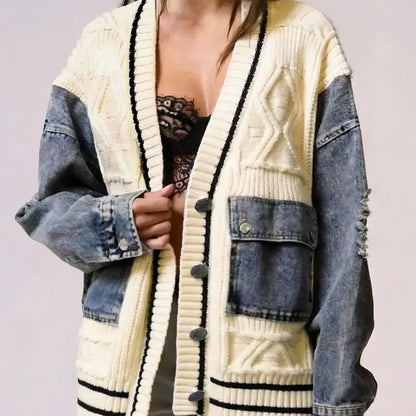 Ava Cardigan Sweater | Cotton Blend, Relaxed Fit with Denim Sleeves 0