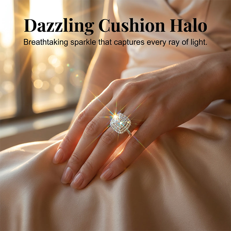 Brio Double Halo Square Ring | Cushion-Cut, Hypoallergenic 1