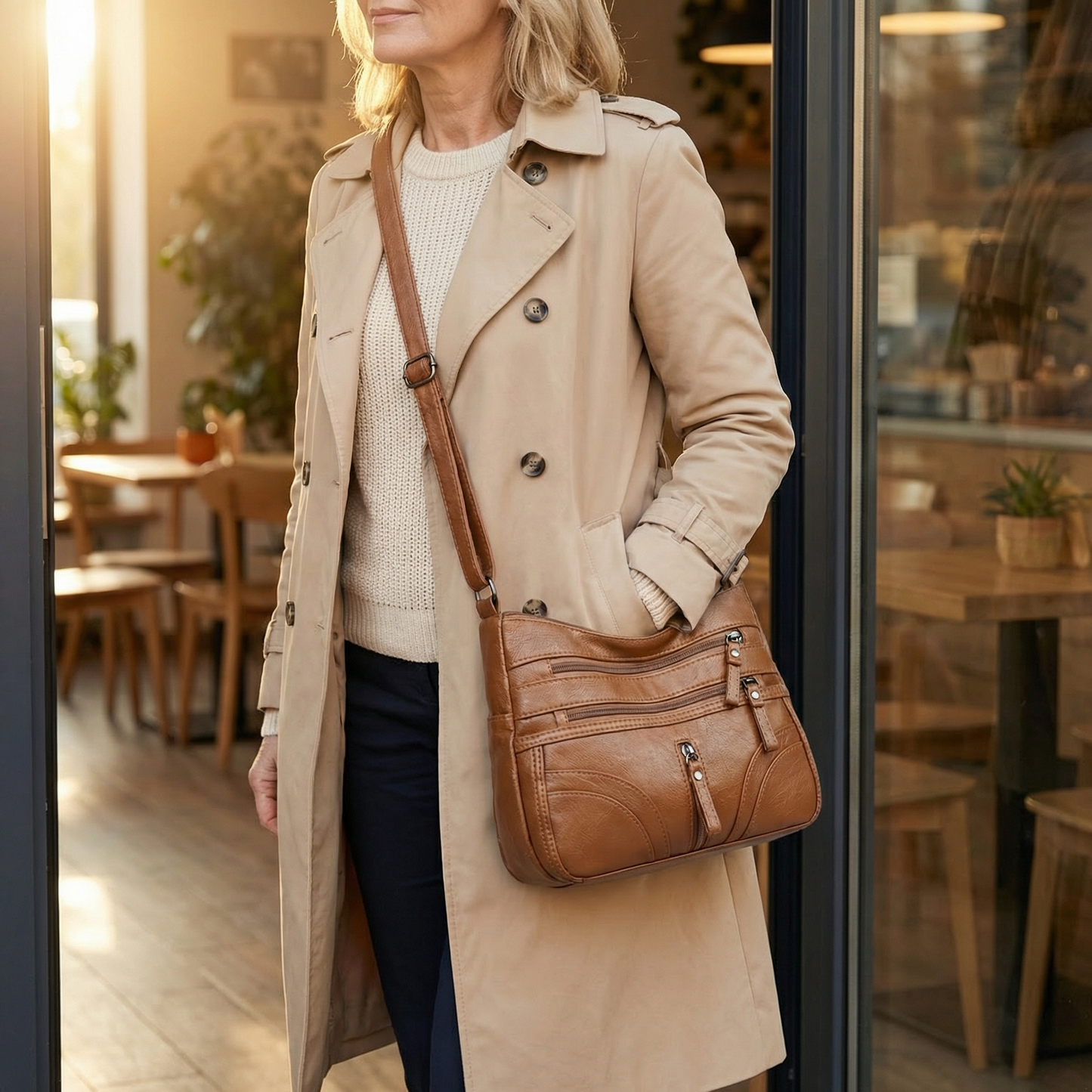 Caden Crossbody Bag | Soft PU Leather, 6 Zippered Pockets, Adjustable Strap 4
