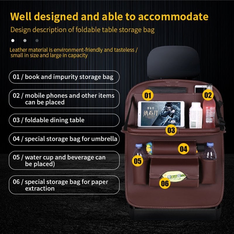 Caro Back Seat Organizer | Waterproof Leather, Foldable Table 2