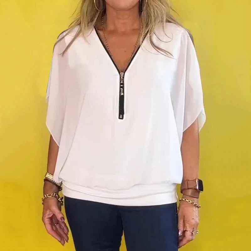 Celia Chiffon Top | Lightweight Zip-Up V Neck Blouse for Women 1