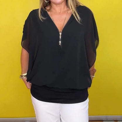 Celia Chiffon Top | Lightweight Zip-Up V Neck Blouse for Women 3
