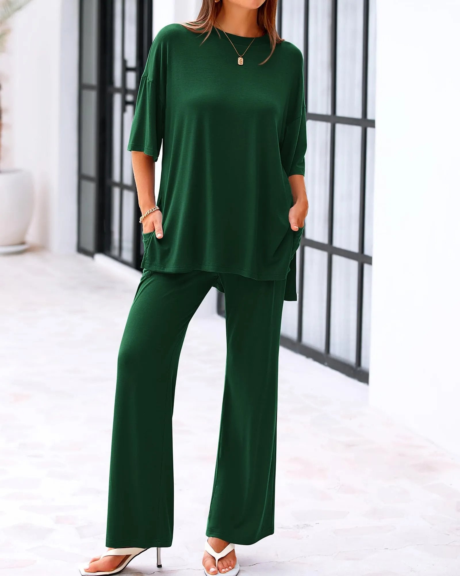 Cleo Casual Set | Loose-Fit Top & Wide-Leg Pants with Pockets 11