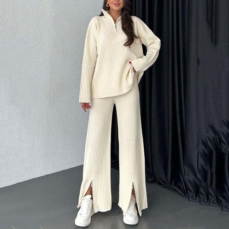 Cora Women's Knit Set | Cozy Ribbed Two-Piece Lounge Set with Slit-Leg Pants 0