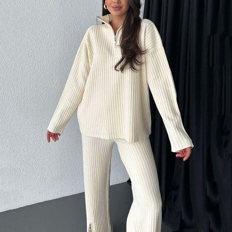 Cora Women's Knit Set | Cozy Ribbed Two-Piece Lounge Set with Slit-Leg Pants 1