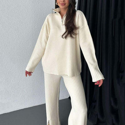 Cora Women's Knit Set | Cozy Ribbed Two-Piece Lounge Set with Slit-Leg Pants 1