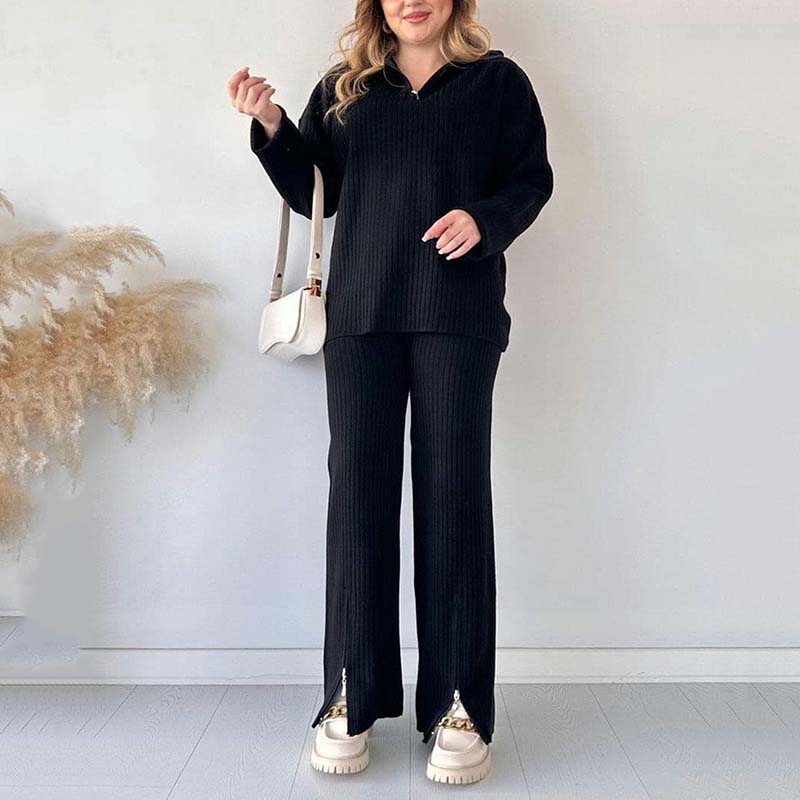 Cora Women's Knit Set | Cozy Ribbed Two-Piece Lounge Set with Slit-Leg Pants 2