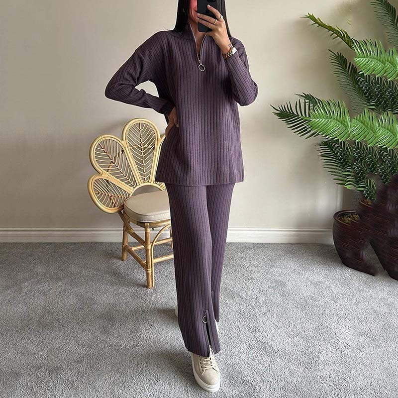 Cora Women's Knit Set | Cozy Ribbed Two-Piece Lounge Set with Slit-Leg Pants 5