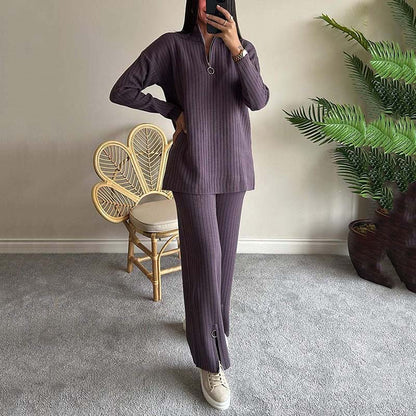 Cora Women's Knit Set | Cozy Ribbed Two-Piece Lounge Set with Slit-Leg Pants 5