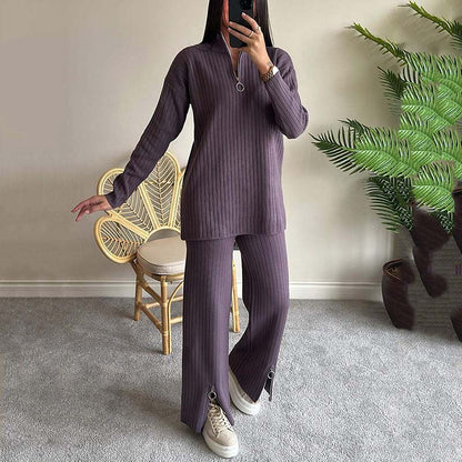 Cora Women's Knit Set | Cozy Ribbed Two-Piece Lounge Set with Slit-Leg Pants 6