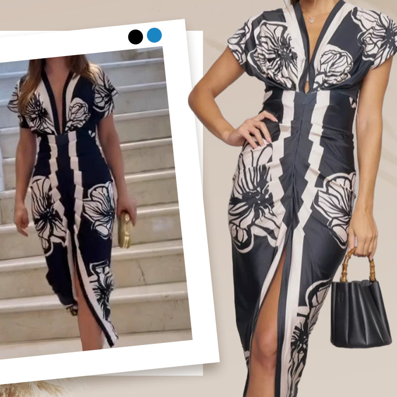 Diva Bodycon Maxi Dress | Deep V Neck, Bold Print 1