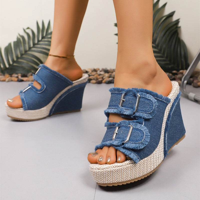 Diva Slide Sandals | Denim Fabric, Adjustable Belt Buckle, 10cm Platform 2