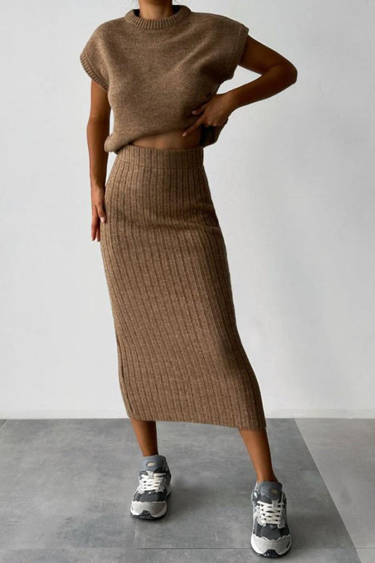Elysia Women's Outfit | Soft Ribbed Knit Sweater Set with Midi Skirt 0