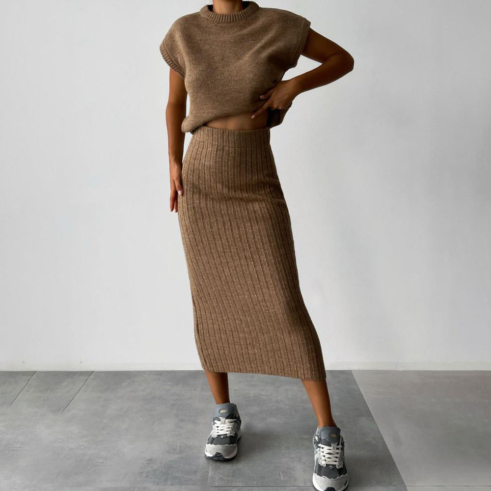 Elysia Women's Outfit | Soft Ribbed Knit Sweater Set with Midi Skirt 2