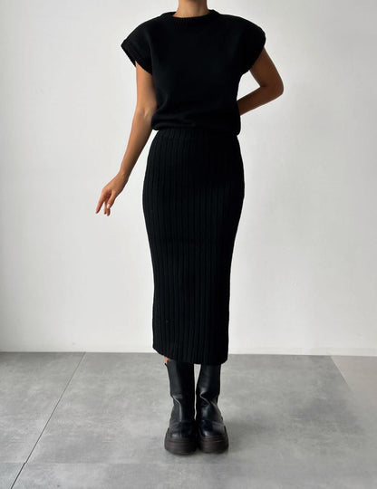 Elysia Women's Outfit | Soft Ribbed Knit Sweater Set with Midi Skirt 3