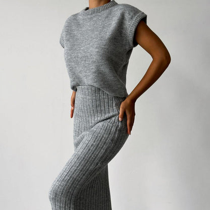 Elysia Women's Outfit | Soft Ribbed Knit Sweater Set with Midi Skirt 4