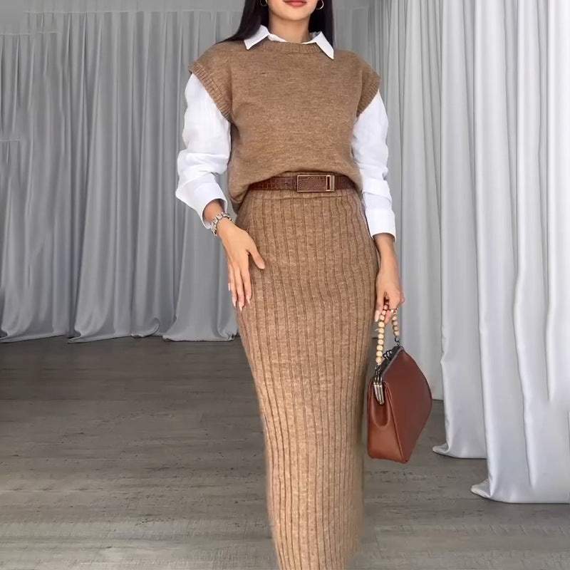 Elysia Women's Outfit | Soft Ribbed Knit Sweater Set with Midi Skirt 5