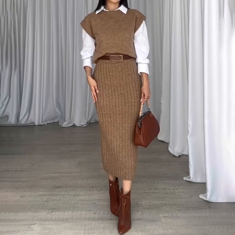 Elysia Women's Outfit | Soft Ribbed Knit Sweater Set with Midi Skirt 6