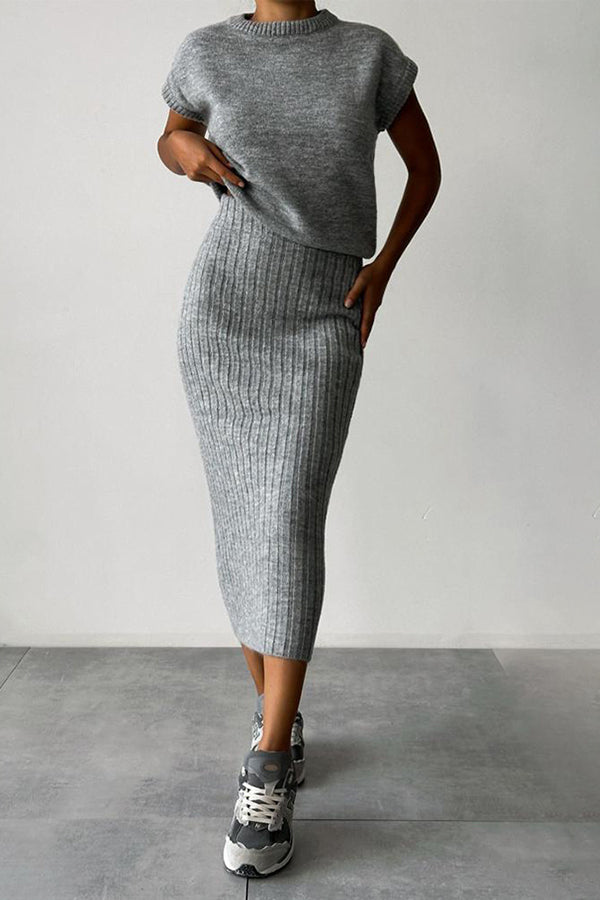 Elysia Women's Outfit | Soft Ribbed Knit Sweater Set with Midi Skirt 7