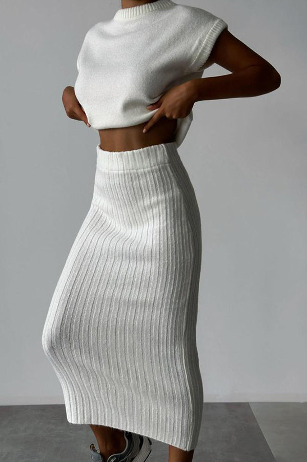 Elysia Women's Outfit | Soft Ribbed Knit Sweater Set with Midi Skirt 8