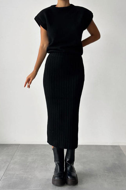 Elysia Women's Outfit | Soft Ribbed Knit Sweater Set with Midi Skirt 9