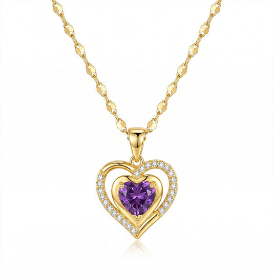 Elysian Heart Necklace | Double Heart Design, Purple Rhinestone Accents 0