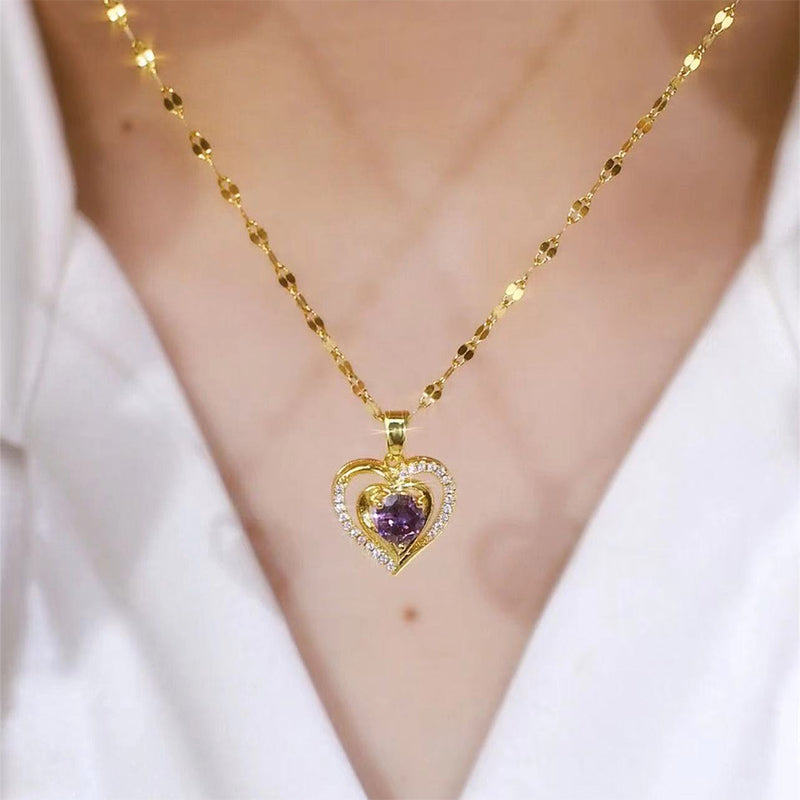 Elysian Heart Necklace | Double Heart Design, Purple Rhinestone Accents 1