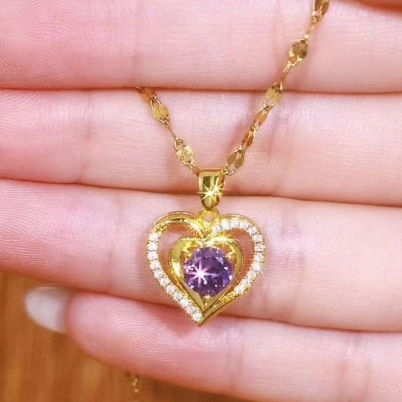Elysian Heart Necklace | Double Heart Design, Purple Rhinestone Accents 6