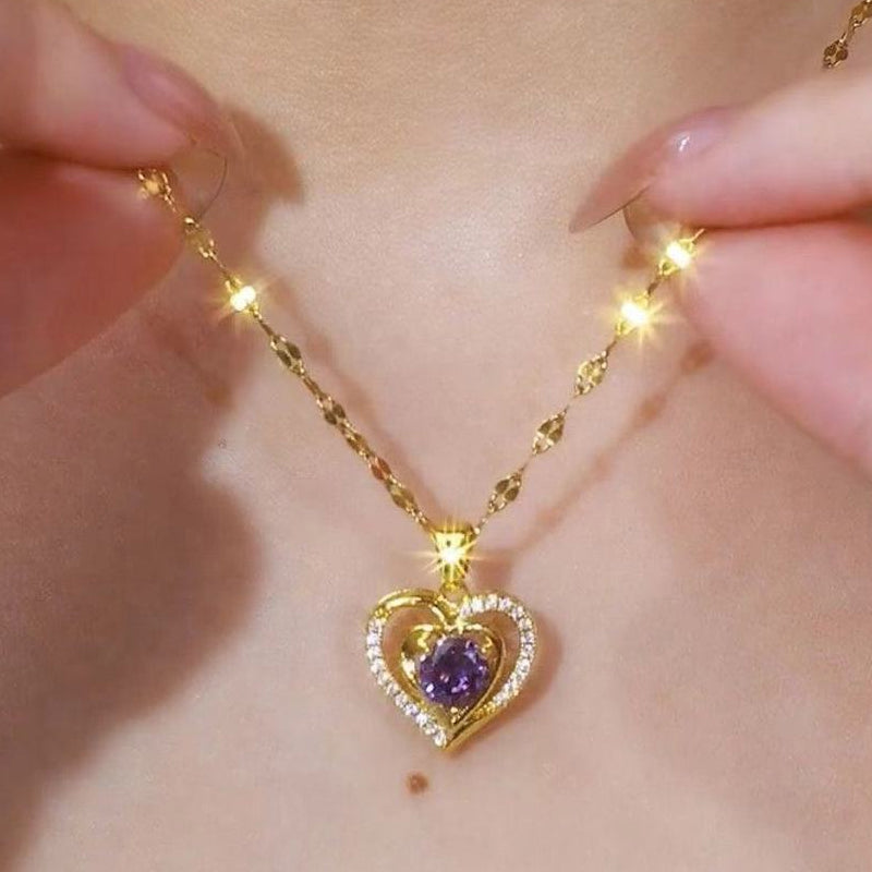 Elysian Heart Necklace | Double Heart Design, Purple Rhinestone Accents 8