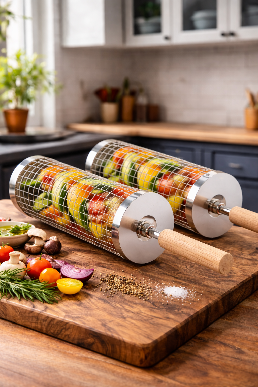 FlareRoll Rolling Basket Handle | Durable Stainless Steel, Wooden Handles 0