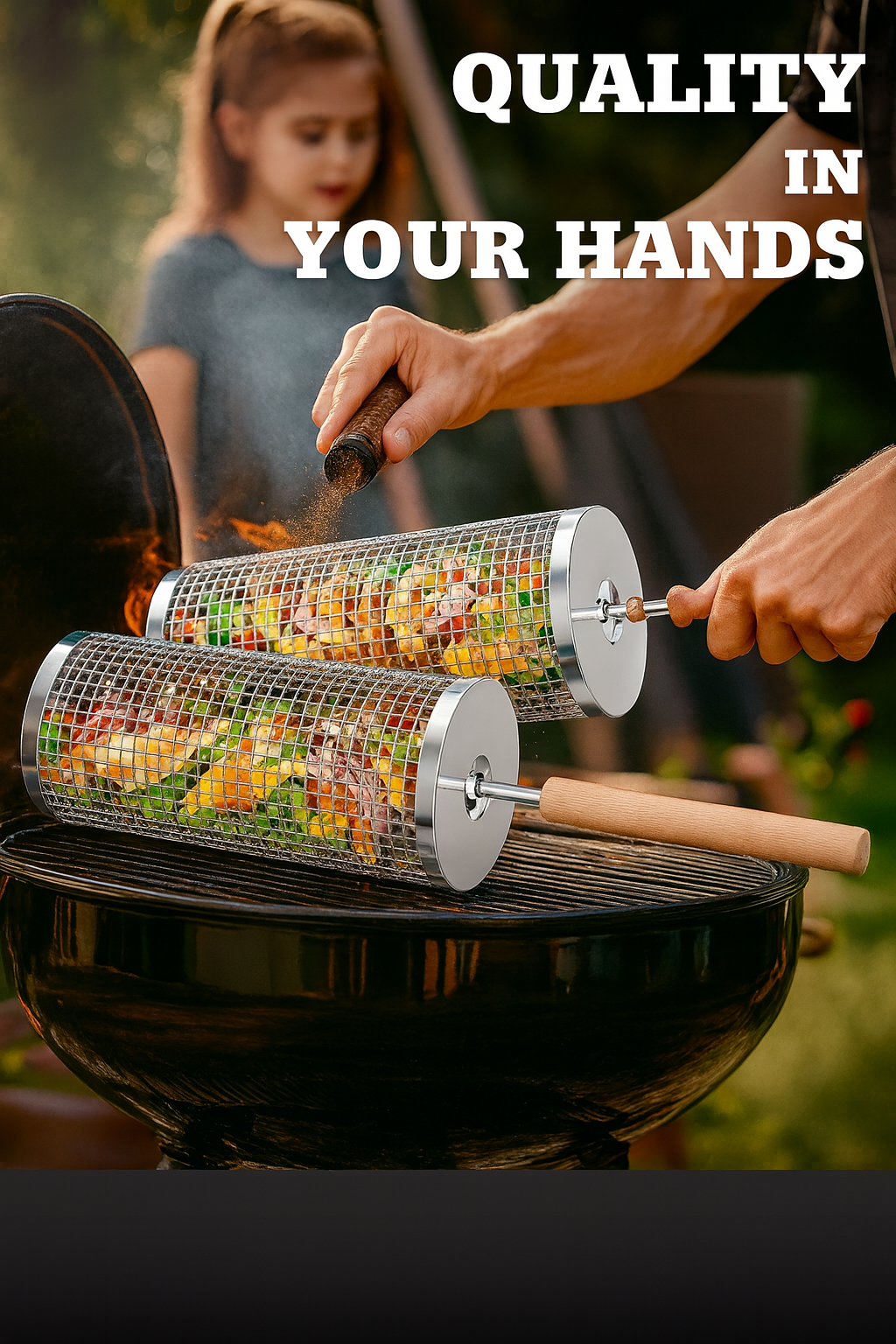 FlareRoll Rolling Basket Handle | Durable Stainless Steel, Wooden Handles 4