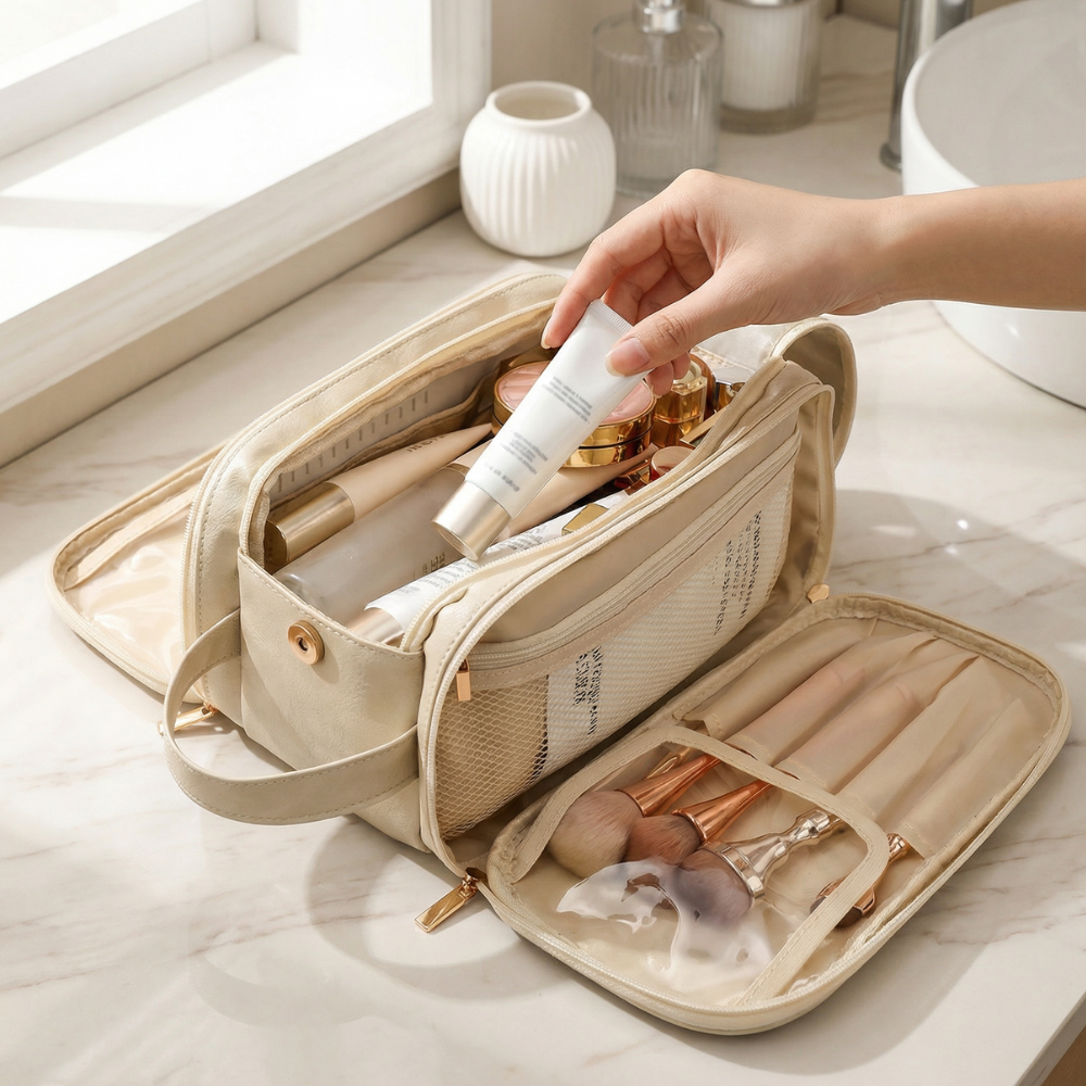 Glo Makeup Organizer | Large Capacity, Waterproof PU Leather, Brush Holder 1