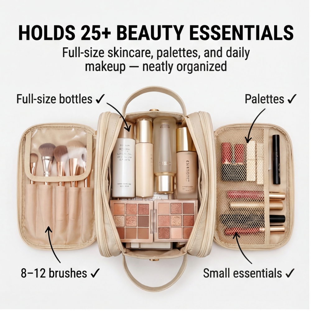 Glo Makeup Organizer | Large Capacity, Waterproof PU Leather, Brush Holder 7