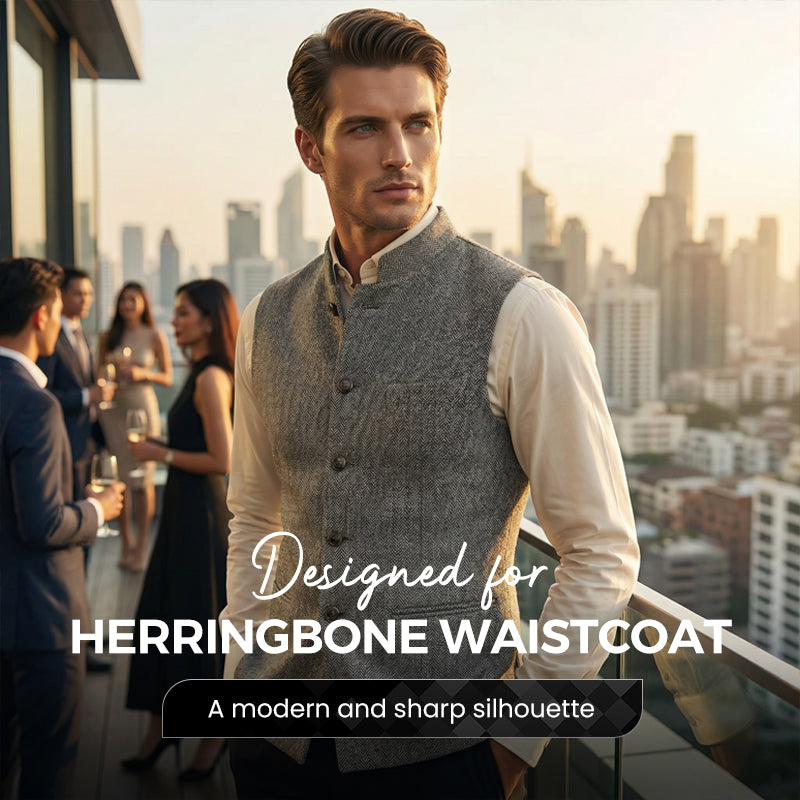 Harrison Herringbone Waistcoat | Stand Collar, Modern Fit, Silver, Polyester Fiber 0