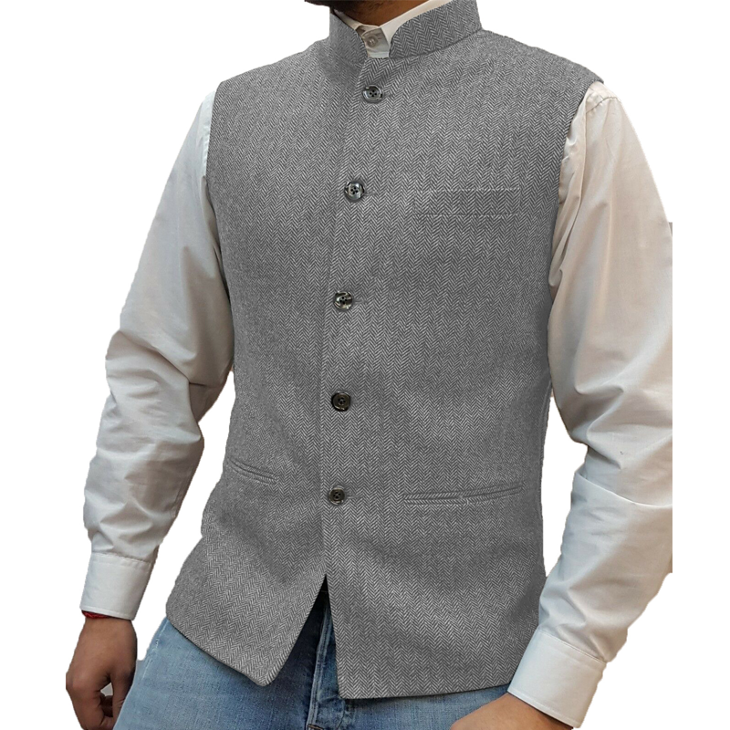 Harrison Herringbone Waistcoat | Stand Collar, Modern Fit, Silver, Polyester Fiber 1