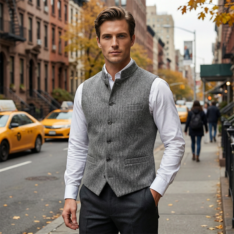 Harrison Herringbone Waistcoat | Stand Collar, Modern Fit, Silver, Polyester Fiber 4