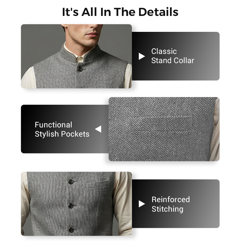 Harrison Herringbone Waistcoat | Stand Collar, Modern Fit, Silver, Polyester Fiber 5