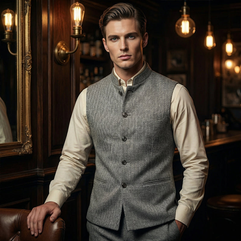 Harrison Herringbone Waistcoat | Stand Collar, Modern Fit, Silver, Polyester Fiber 6
