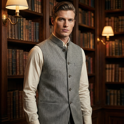 Harrison Herringbone Waistcoat | Stand Collar, Modern Fit, Silver, Polyester Fiber 7