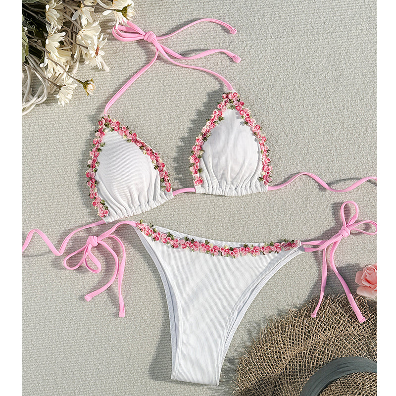 Haven Bikini Set | Adjustable Halter with Floral Trim, Comfortable Ribbed Fabric 0