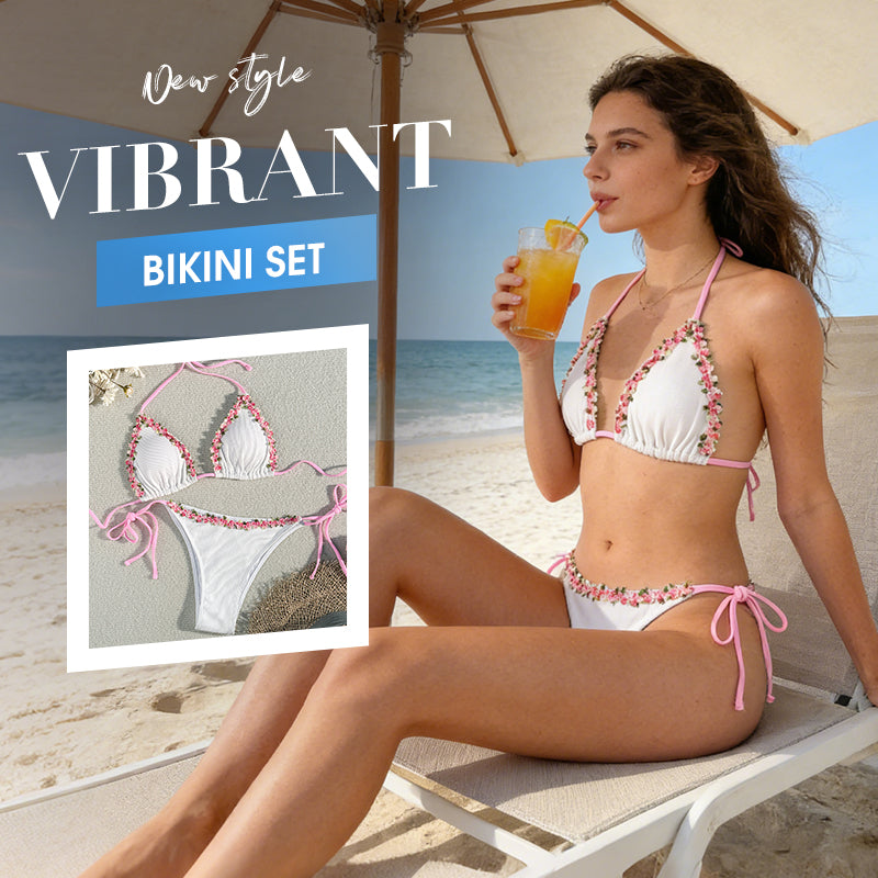 Haven Bikini Set | Adjustable Halter with Floral Trim, Comfortable Ribbed Fabric 1