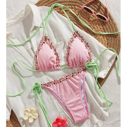 Haven Bikini Set | Adjustable Halter with Floral Trim, Comfortable Ribbed Fabric 12
