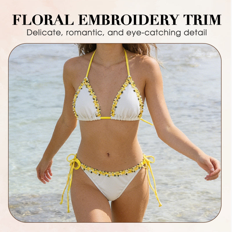 Haven Bikini Set | Adjustable Halter with Floral Trim, Comfortable Ribbed Fabric 2