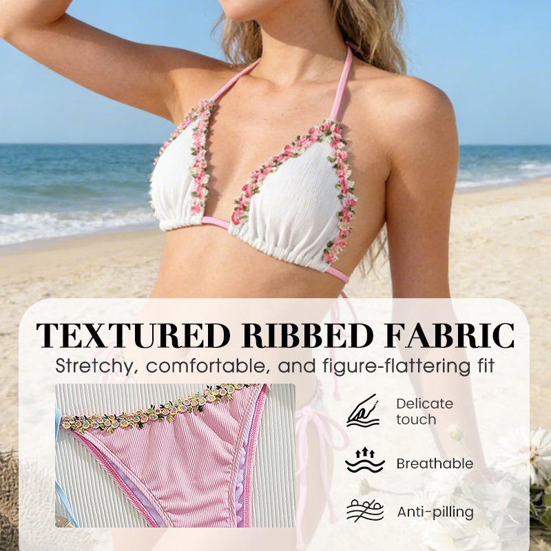 Haven Bikini Set | Adjustable Halter with Floral Trim, Comfortable Ribbed Fabric 4