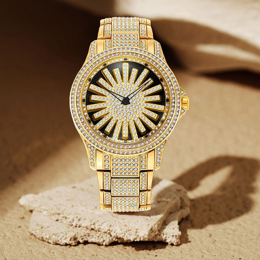 Iced-Out Men's Watch | Gold Quartz with Rotating Dial 0