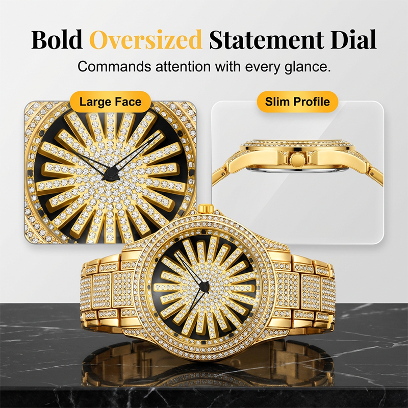 Iced-Out Men's Watch | Gold Quartz with Rotating Dial 2