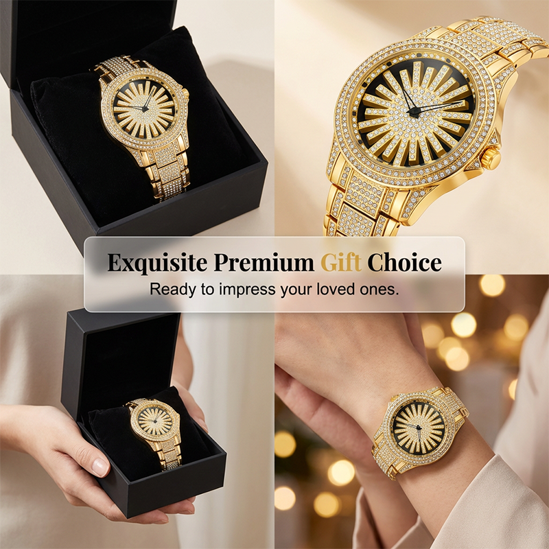 Iced-Out Men's Watch | Gold Quartz with Rotating Dial 7