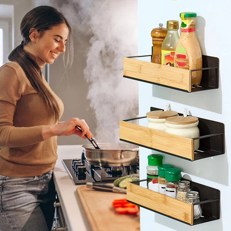 Kira Magnetic Shelf Organizer | Carbon Steel and Pear Wood 1