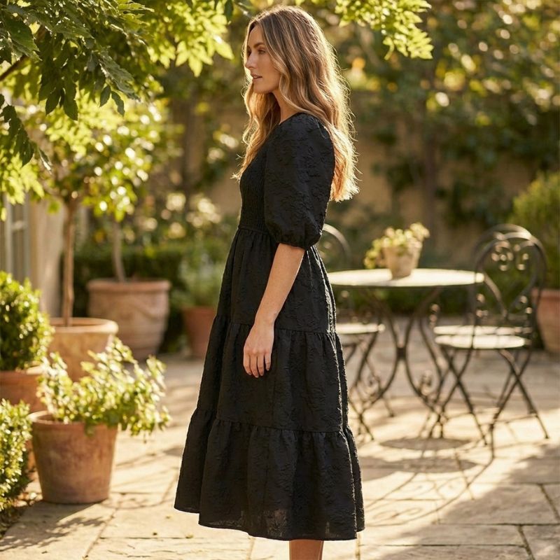 Luna Puff Sleeve Dress | Embossed Floral Jacquard 3