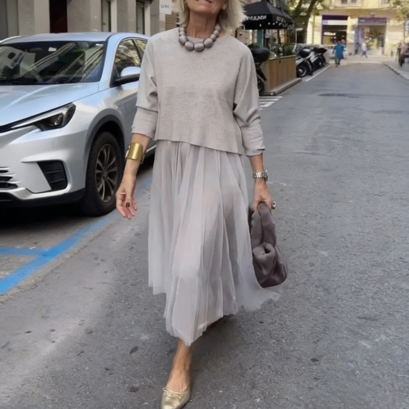 Luna Women's Set | Relaxed Knit Top & Elegant Mesh Dress, Two-Piece Loungewear 1